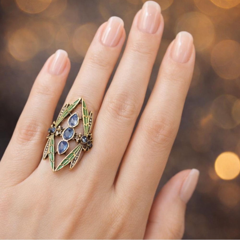 Art Deco Dragonfly Ring – Green Enamel, Blue Crystal Statement Ring (Gold-Tone)
